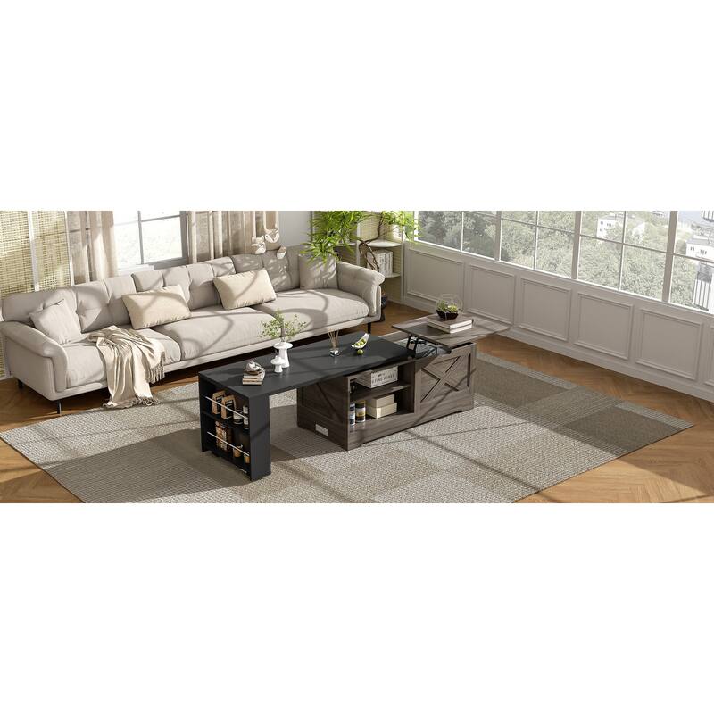 Farmhouse Lift Top Coffee Table With Barn Doors, Wood Rectangle Center Table, With Large Hidden Storage Space