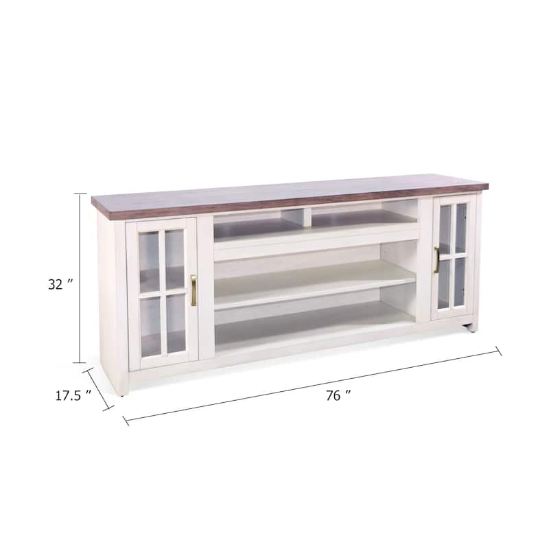Leyla TV Stand Media Cabinet, 2 Doors and Shelves, White Wood 76 Inch