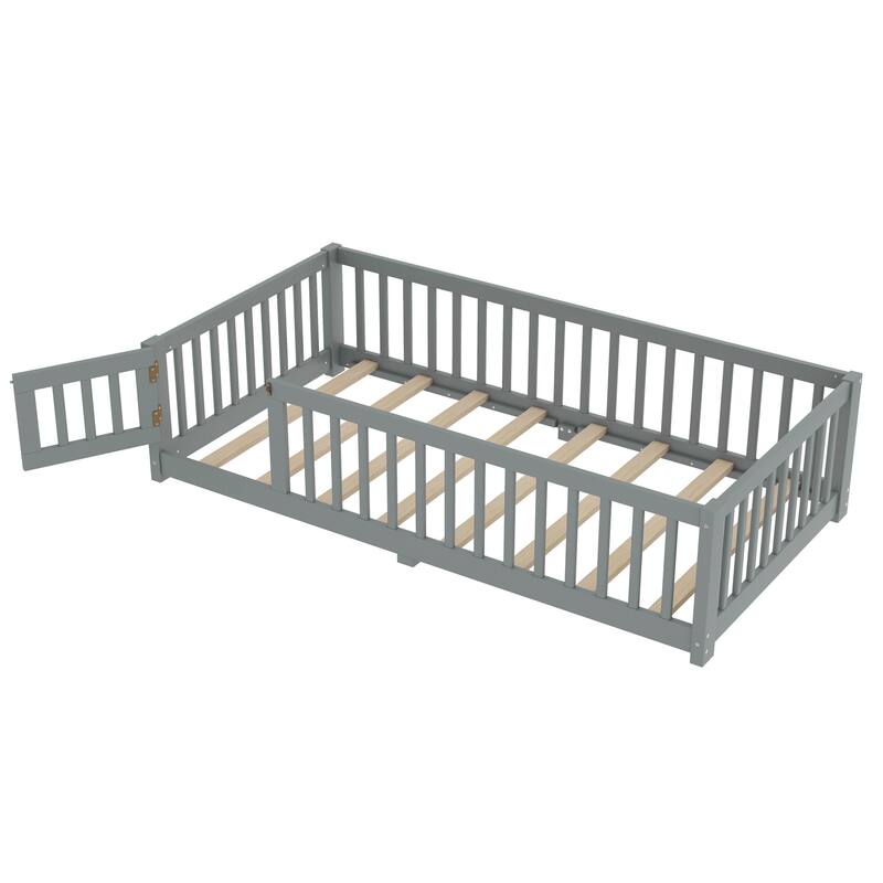 Montessori Toddler Floor Bed with Fence and Switchable Door, Low Profile Bed Frame with Removable Slats, Safe Transition Bed