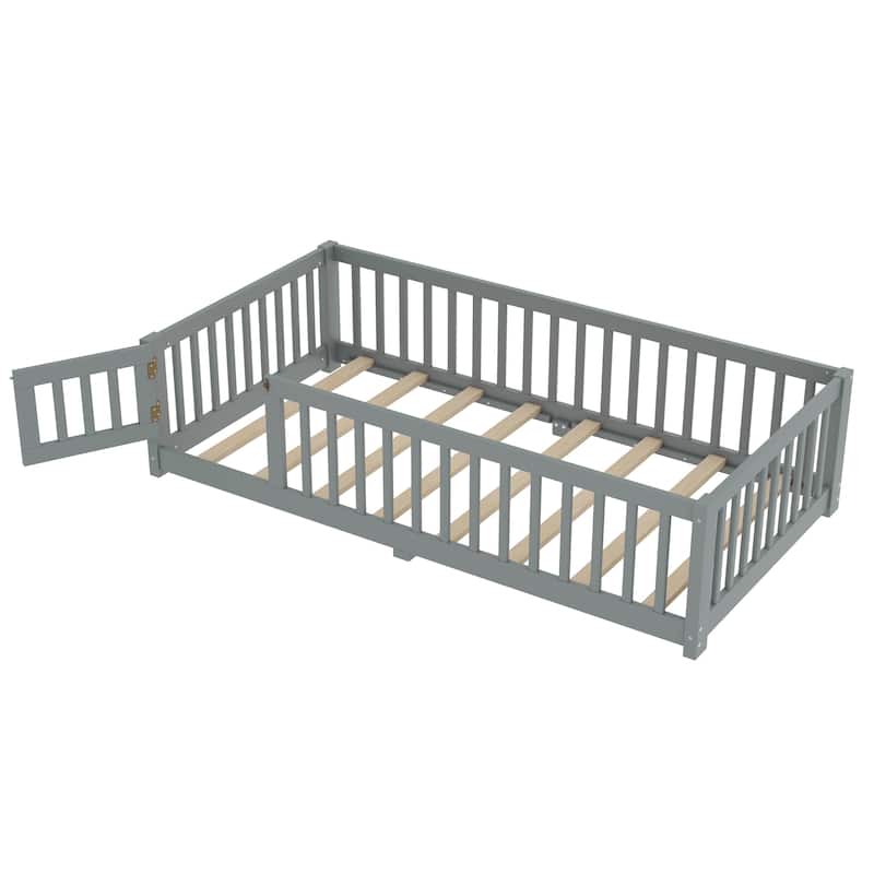 Twin Size Gray Floor Bed w/ Safety Guardrails & Door for Kids - White
