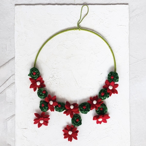 slide 2 of 3, Handmade Wool Felt Flower Wreath Red; Green
