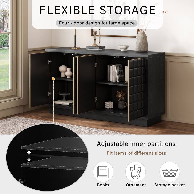 4-Door Wooden Storage Cabinet, Buffet Cabient with 3D Geometric Doors & Metal Trim, , Coffee Bar Table with Adjustable Shelf