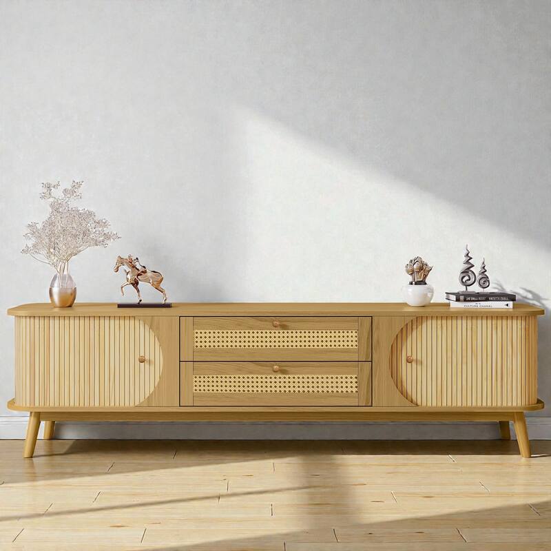 Modern Farmhouse Rattan TV Stand for TVs up to 75'', Media Console with Solid Wood Legs and Storage Cabinets