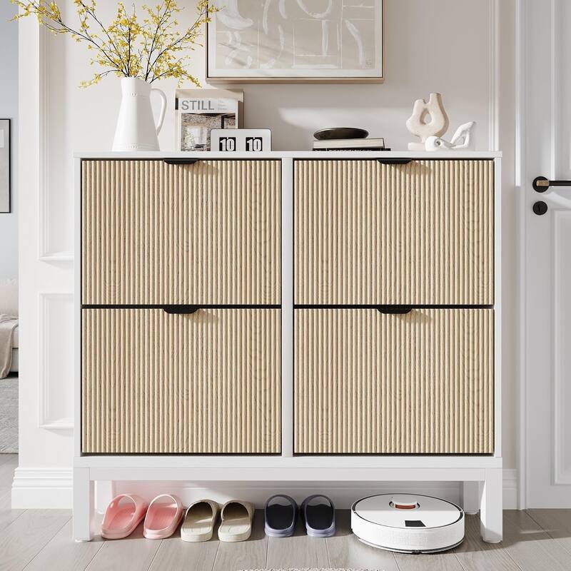 Shoe Storage Cabinet with 4 Flip Drawers, Fluted Shoe Organizer with Metal Legs