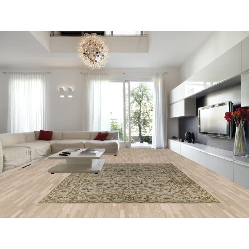 Earth Tone Oushak Area Rug Hand-Knotted Floral Beige Wool Carpet - 9'3" x 12'1"