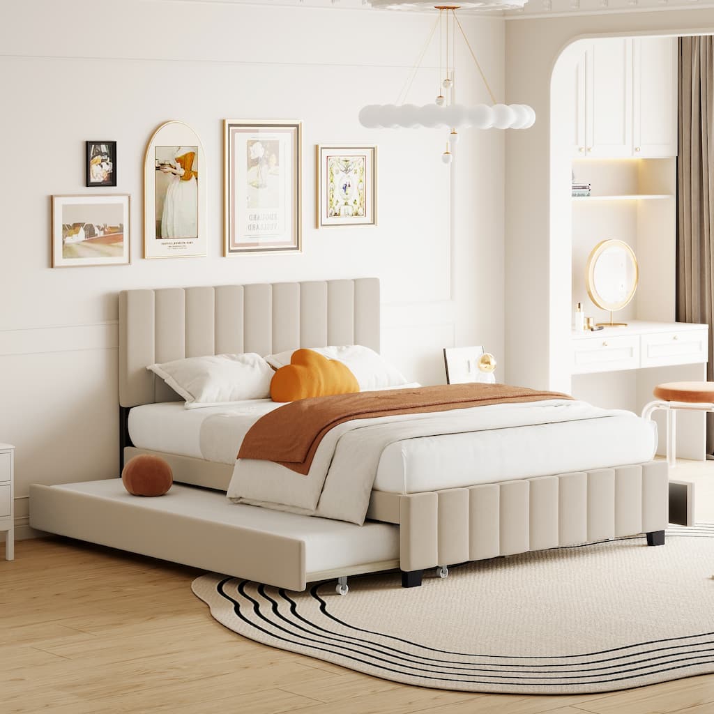 Beige Queen Size Velvet Upholstered Platform Bed with 2 Drawers and 1 Twin XL Trundle