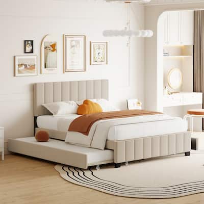 Queen Size Velvet Upholstered Platform Bed with Twin XL Trundle, 2 Storage Drawers & Tufted Headboard