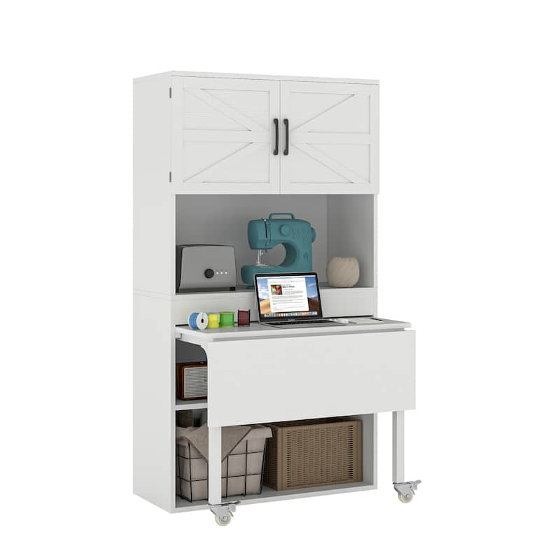 Moasis Expandable Crafting Table with Storage, Artwork Sewing Table with Cabinet and Magnetic Doors & Power Outlets