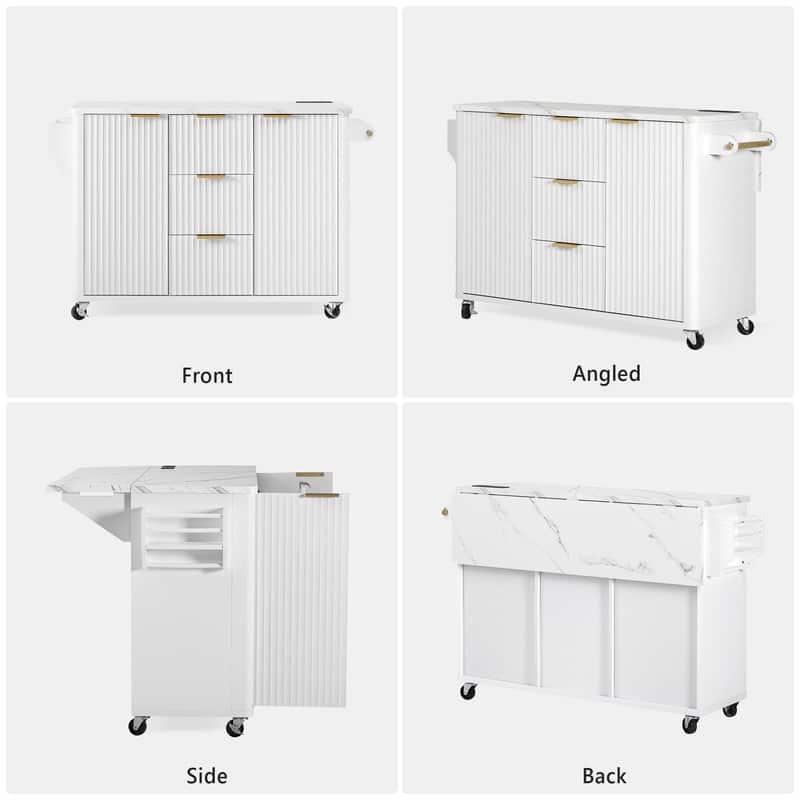 55.5" Fluted Kitchen Island with Drop Leaf and Storage Features Power Outlet and Adjustable Shelves