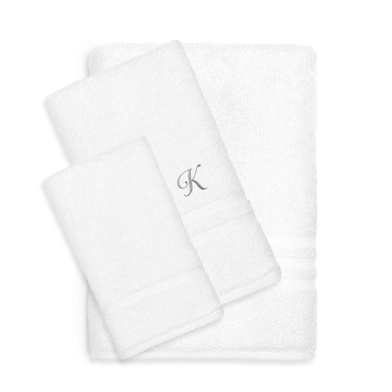 Authentic Hotel and Spa Omni Turkish Cotton Terry 3-piece White Bath Towel Set with Grey Script Monogrammed Initial - White/K