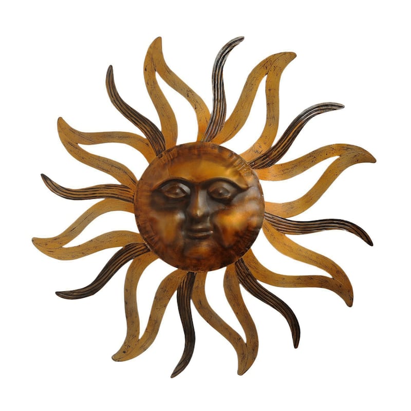 35 Inch Round Wall Mounted Sun Face Accent Decor, Carved Rustic Gold and Black Metal