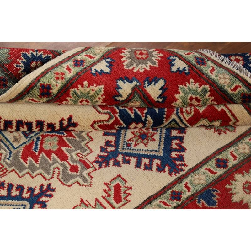 Beige Geometric Kazak Foyer Rug Oriental Handmade Wool Carpet - 3'6" x 5'1"
