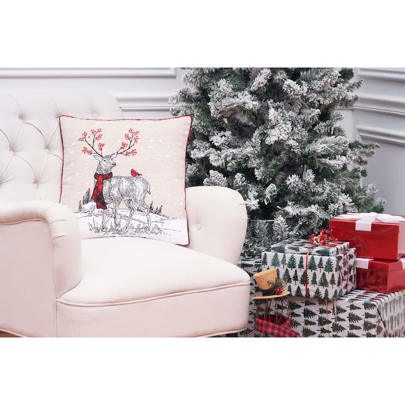Deer Embroidered and Printed Throw Pillow