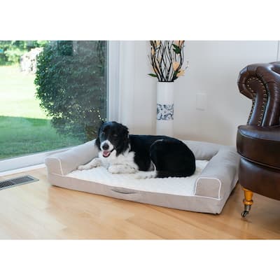 Medium Bolstered Pet Bed Cushion With Memory Foam, Ivory and Beige - 35" x 28" x 8"