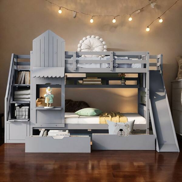 slide 2 of 30, Impression & Castle Style Twin over Twin Bunk Bed with 2 Drawers 3 Shelves and Slide, Sturdy construction & Extra Fun, Gray Grey