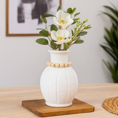 Nehu Decorative Vase, Beaded Neck Details, 15 Inch White Resin