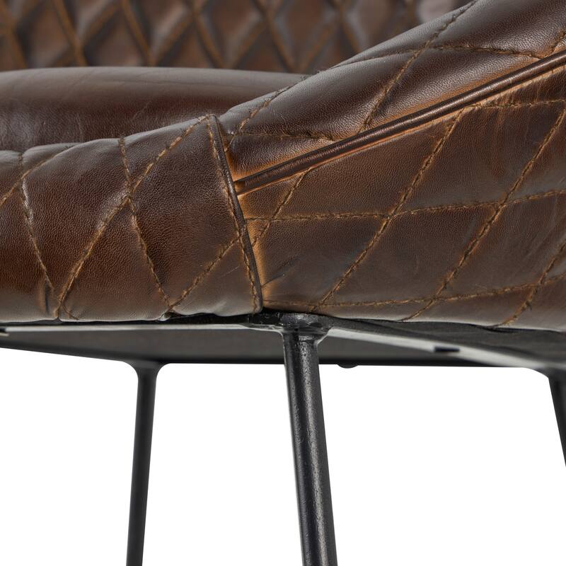 Brown Leather Round Diamond Tufted Bar Stool with High Back and Black Metal Legs (Set of 2)