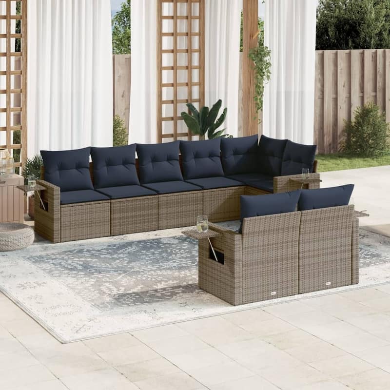 vidaXL Patio Sofa Set with Cushions Outdoor Conversation Furniture Poly Rattan - 24.4 x 24.4 x 27.2 - Grey and Blue-Without table