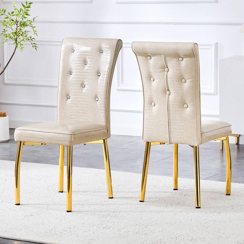A set of 2 vintage crocodile leather cushioned dining chairs, featuring crystal clasp design and artificial leather design