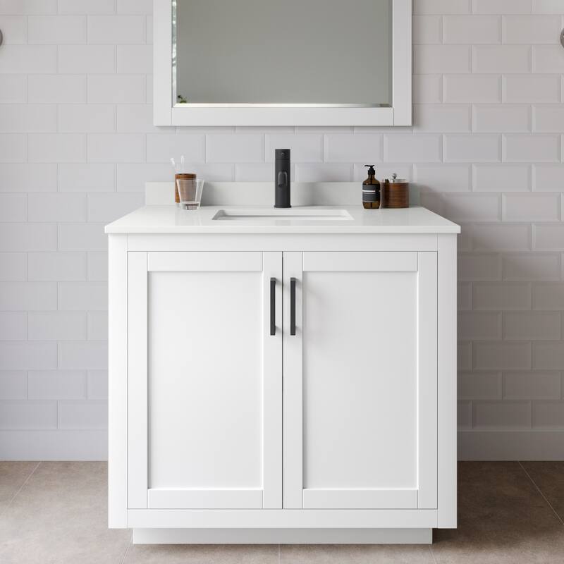 Wyndham Collection WCF292936S-QTZ-UNSMXX Miranda 36" Free Standing - White / White Quartz Top / Matte Black Hardware