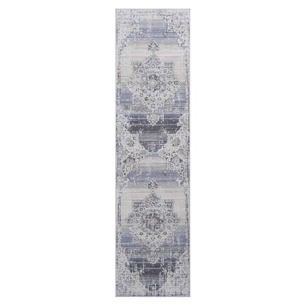 slide 2 of 7, LOOM & LUXE Collection 2X8 Cream/Blue Area Rug - 96" D x 26" W x 0.28" H