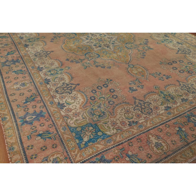 Tabriz Persian Vintage Rug Handmade Traditional Orange Wool Carpet - 9'7" x 12'10"
