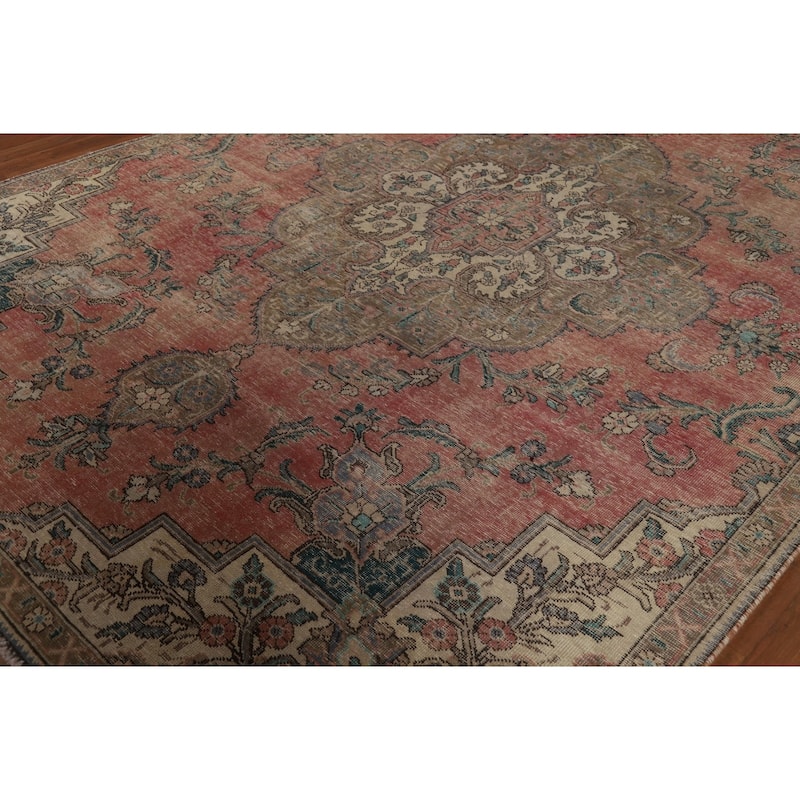 Pink Tabriz Persian Vintage Rug Hand-Knotted Wool Carpet - 7'8" x 10'8"