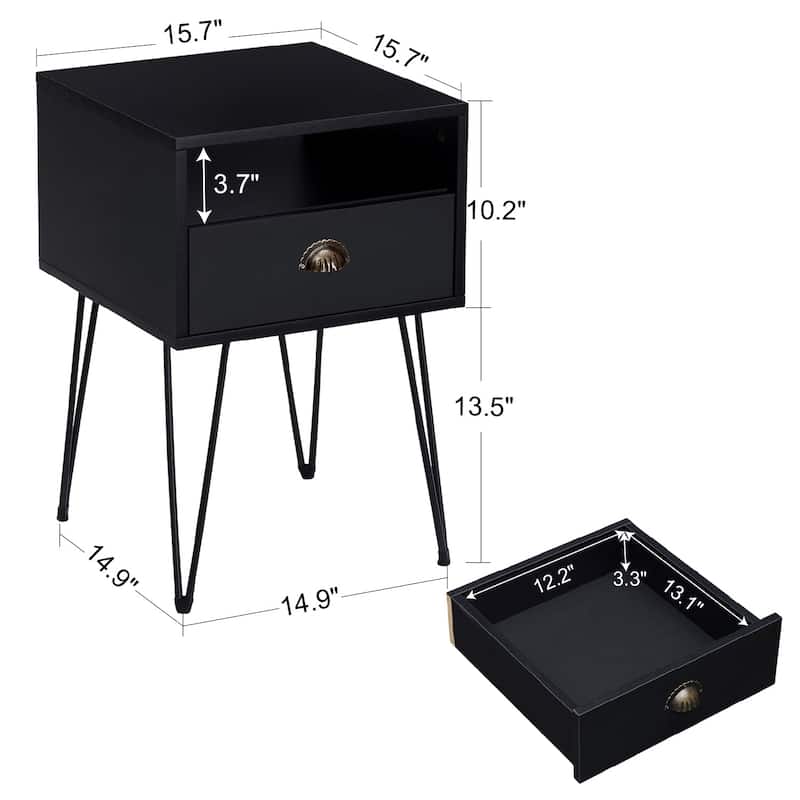 Javlergo Set of 2 Nightstand with Open Compartment & Drawer V-Shaped Metal Legs for Bedroom Living Room