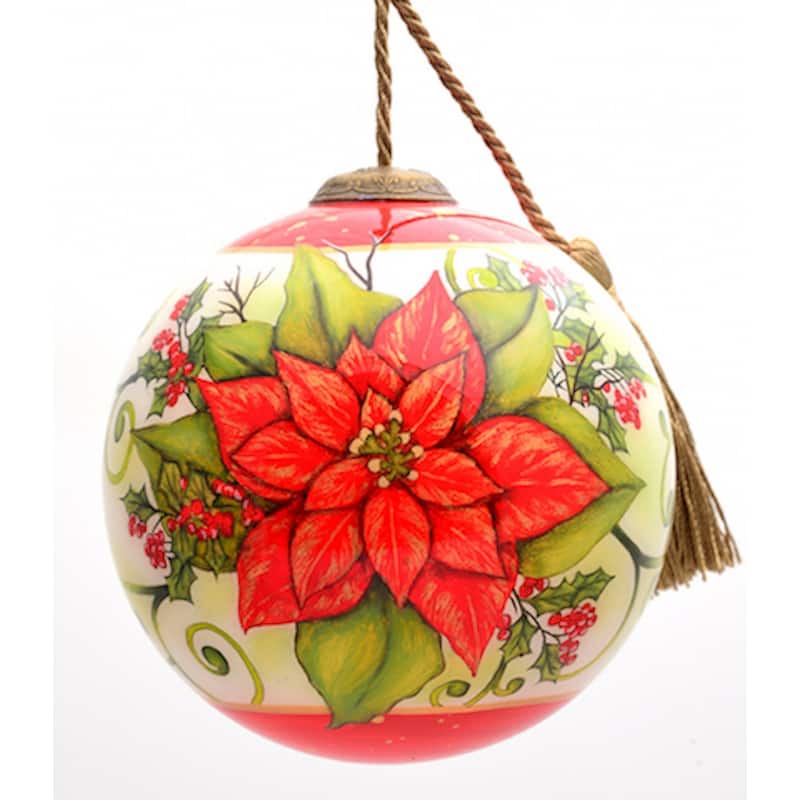 Poinsettia Flower Hand Painted Mouth Blown Glass Ornament - 4" x 4" x 4"
