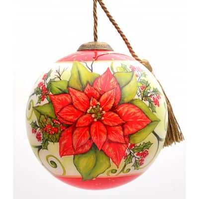 Poinsettia Flower Hand Painted Mouth Blown Glass Ornament - 4" x 4" x 4"