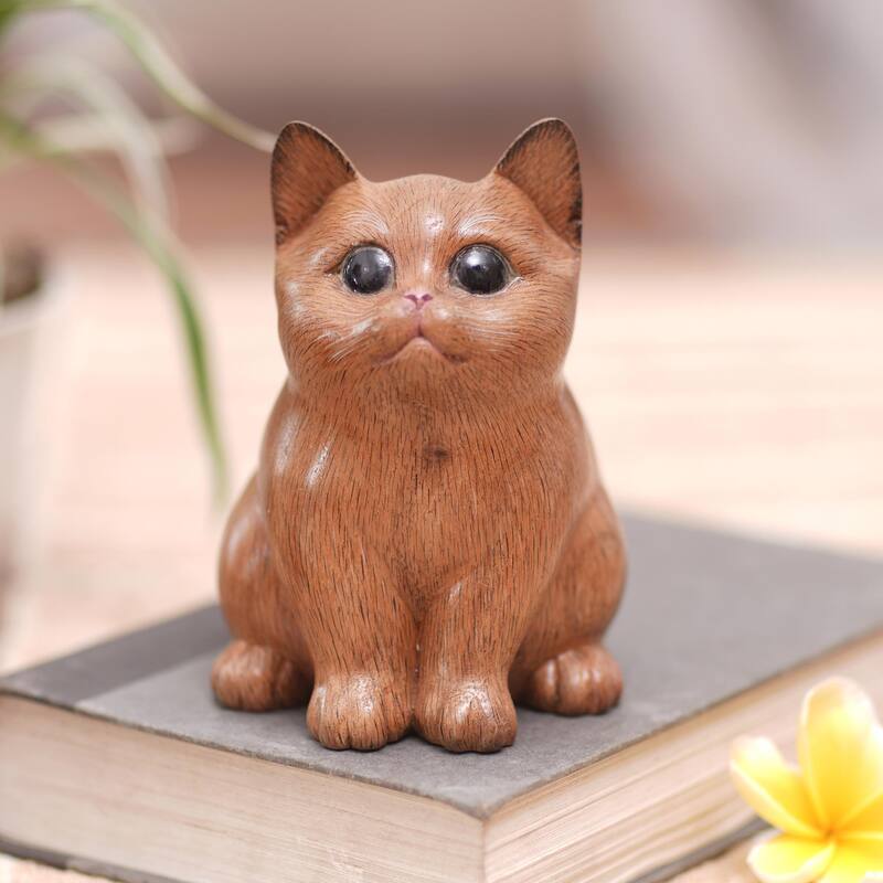 Novica Handmade Cozy Cat Wood Figurine
