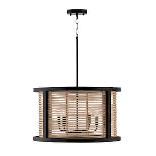 Rico 4-light Flat Black Pendant w/ Mango Wood & Rattan