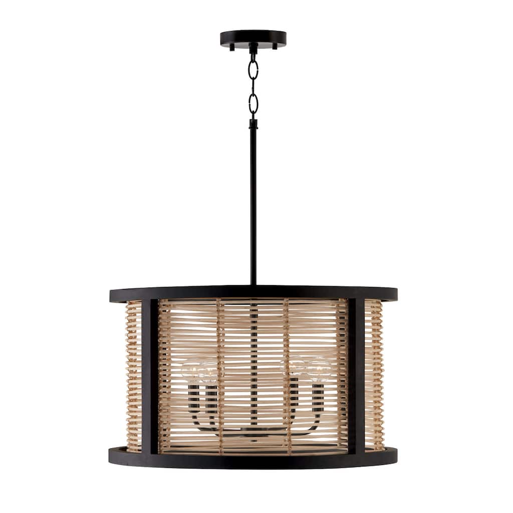 Rico 4-light Flat Black Pendant w/ Mango Wood & Rattan