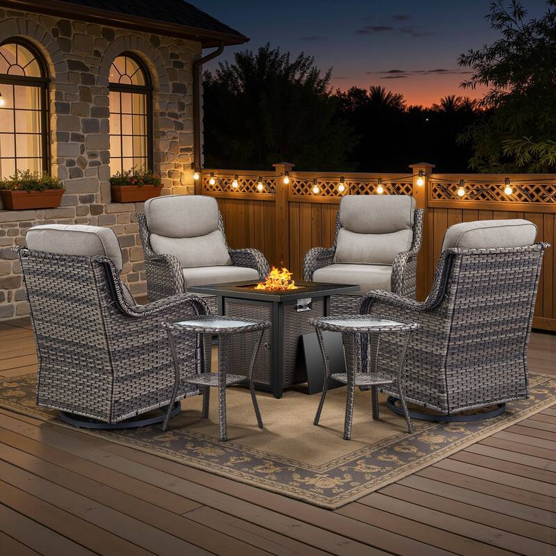 Meyreso 7-Piece Outdoor Patio Wicker Fire Pit 4 person Conversation Set with 5-Inch Thick Cushions - Beige Cushions - Gray Wicker