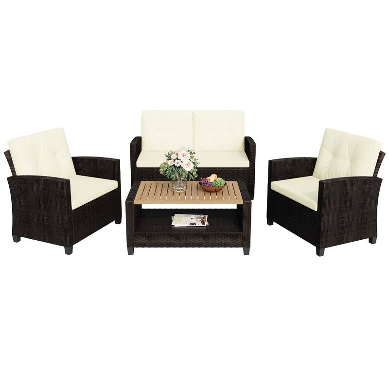 4-Piece Patio Furniture Set with 2-Tier Coffee Table, Perfect for Porch Balcony Backyard Deck - Beige