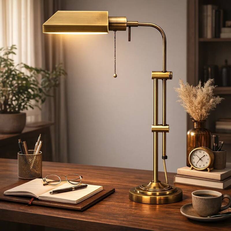 Metal Rectangular Desk Lamp with Adjustable Pole, Gold