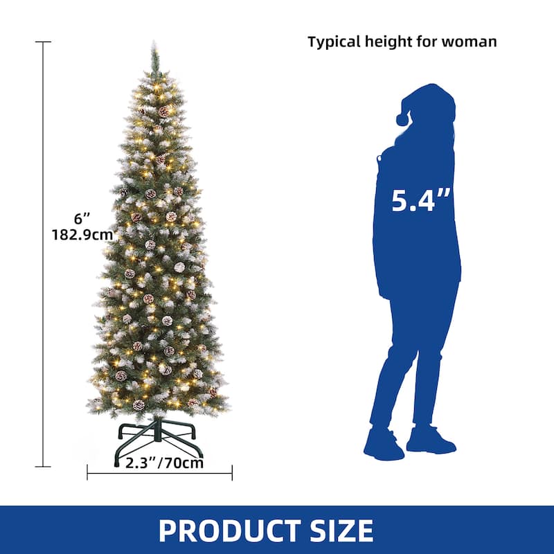 6/7.5 FT Flocked & Frosted Slim Prelit Artificial Hinged Xmas Tree