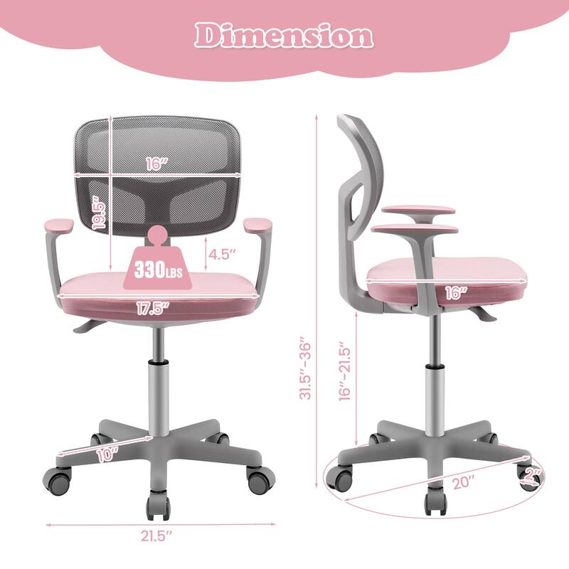 Kids Ergonomic Adjustable Height Study Chair with Swivel Seat and Mesh Backrest and Armrests