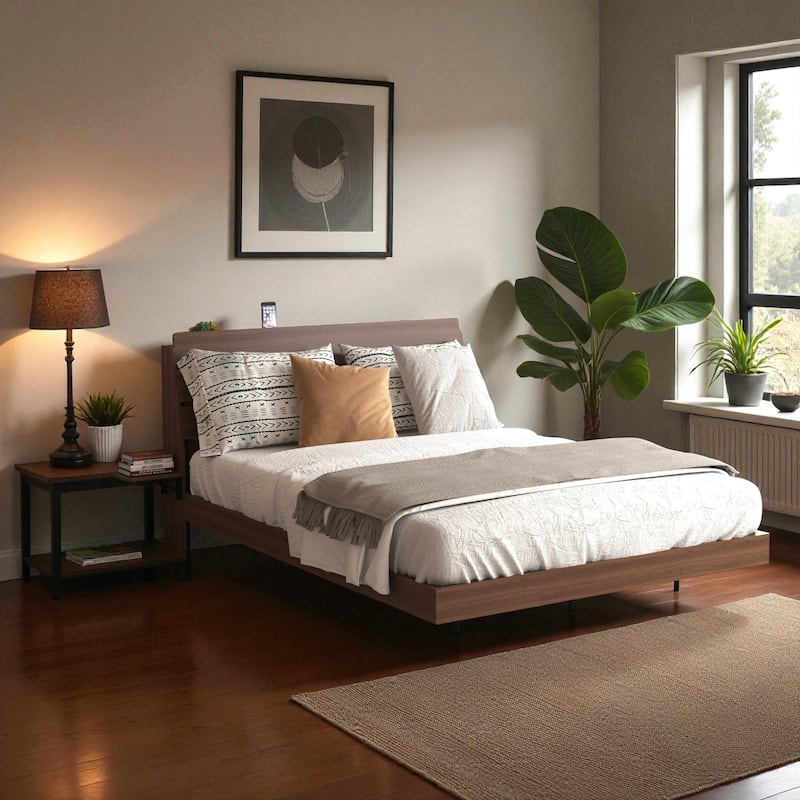 Queen Floating Bed Frame with LED Lights and Charging Station, Storage Headboard, No Box Spring Needed - Walnut - Queen