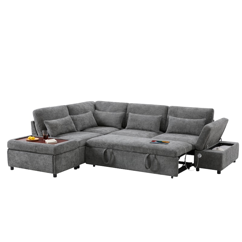 L-Shape Modular Chenille Sectional Sofa Convertible Sleeper Pull-out Sofa Bed with Dual-use Storage Ottoman and Charging Ports