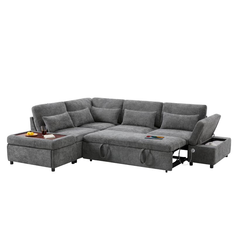 Modular Pull-Out Sectional Sofa Bed with Adjustable Charging Armrest and Storage Ottoman for Living Room Apartment