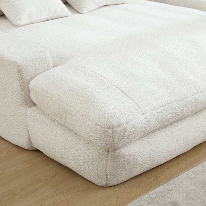 2-seater Lazy Sofa Bed with 5 Back Pillows, White Chenille for Living Room