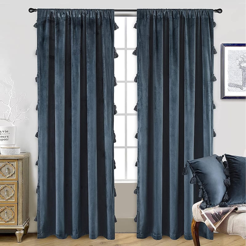 DriftAway Boho Velvet Handmade Tassel Curtain Room Darkening Thermal Insulated Window Curtains