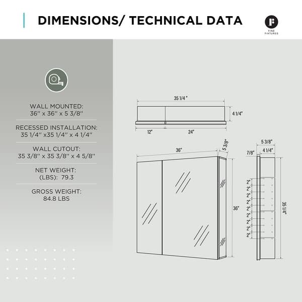 dimension image slide 8 of 15, Bathroom Medicine Cabinet, Aluminum, Recessed/Surface Mount, Right/Left Hinged, Mirrored Interior