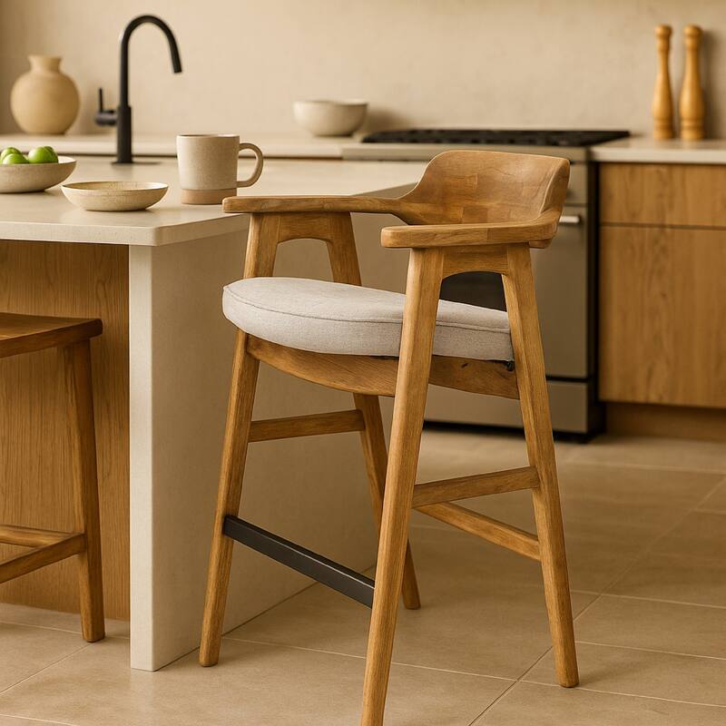 Zsy Barstool Chair w Curved Back, Natural Brown Birch Wood, Anew Gray