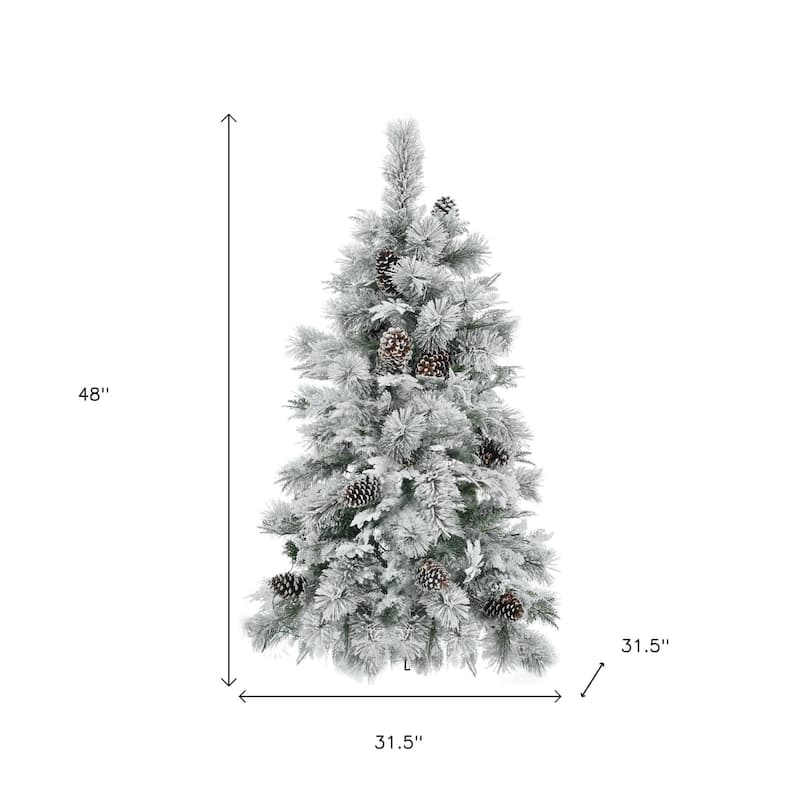 HomeRoots 4' Pre Lit Extra Full Frosted Pine Christmas Tree With Decorations - Green/White - 31.50 in. x 48.00 in. x 31.50 in.