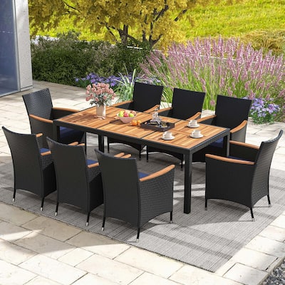 Costway 9 PCS Outdoor Dining Set with Acacia Wood Tabletop, Umbrella