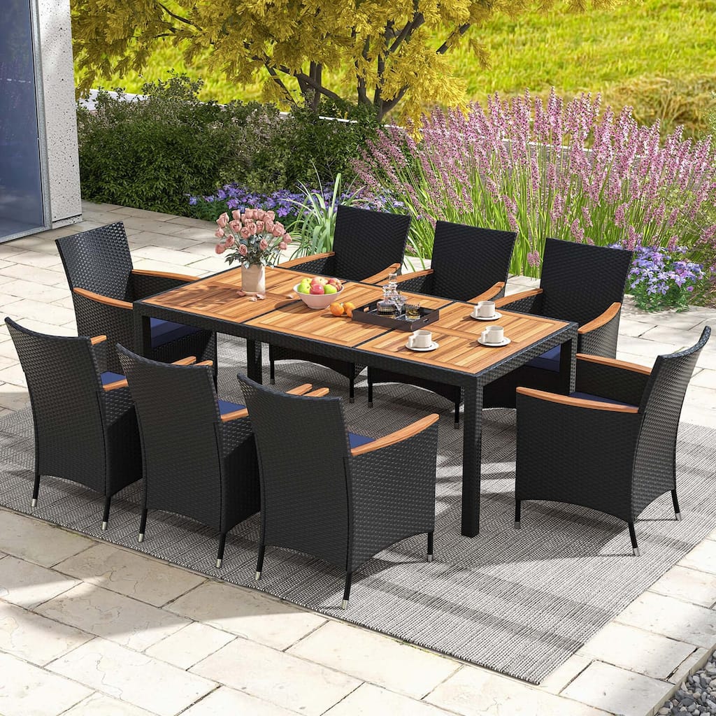 Costway 9 PCS Outdoor Dining Set with Acacia Wood Tabletop, Umbrella