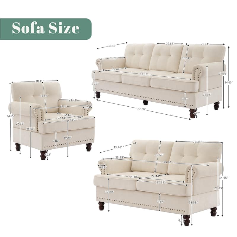 Set of 2 Pieces, A 3-seat Sofa and An Armchair, Chenille Sofa Set for Living Room