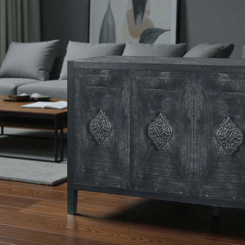 59.8" Antique 4-Door Sideboard Buffet Cabinet with Carved Flower Handles, Pine Veneer Storage Console for Living Room